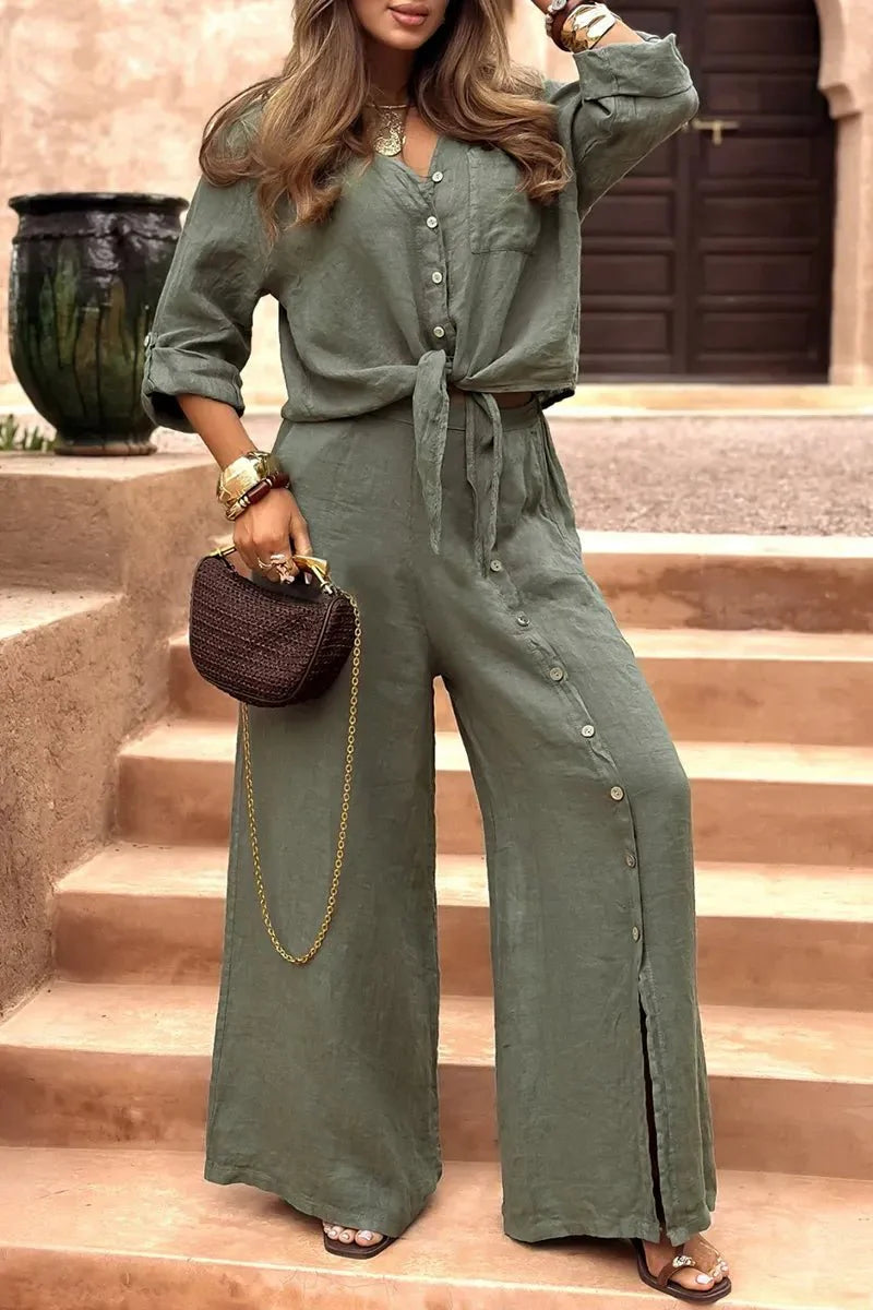 Conjunto Luna em Linho Natural - Modelagem Pantalona e Tecido Respirável